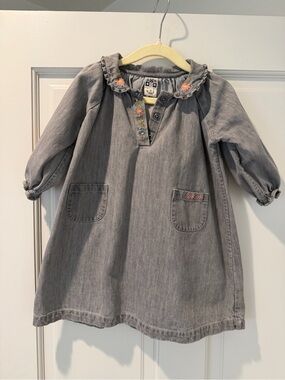 Bonton Gray Denim Dress with Floral Trim